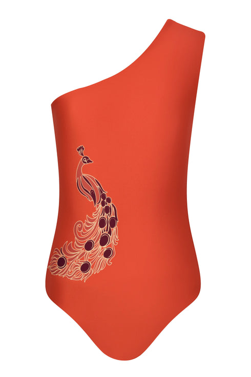 Orange one-shoulder swimsuit for girls featuring a stylized peacock graphic on the front.