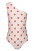 A white one-shoulder one-piece swimsuit for girls featuring large orange polka dots.