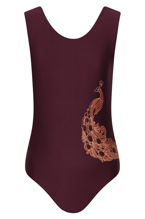 A wine-colored one-piece swimsuit for girls featuring a stylized peacock graphic on the side.