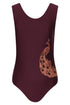 A wine-colored one-piece swimsuit for girls featuring a stylized peacock graphic on the side.