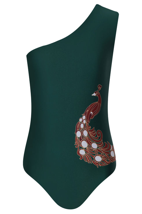 A green one-shoulder one-piece swimsuit for girls featuring a red and white peacock graphic.