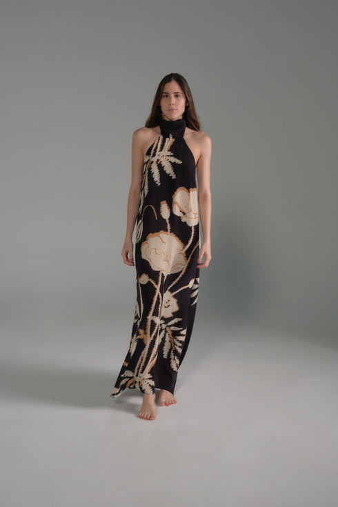 Costa Pacifica Crepe Chine Dress / Black - Beige Gladiolos