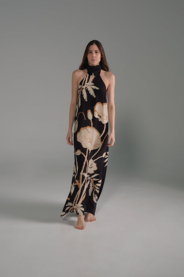 Costa Pacifica Crepe Chine Dress / Black - Beige Gladiolos