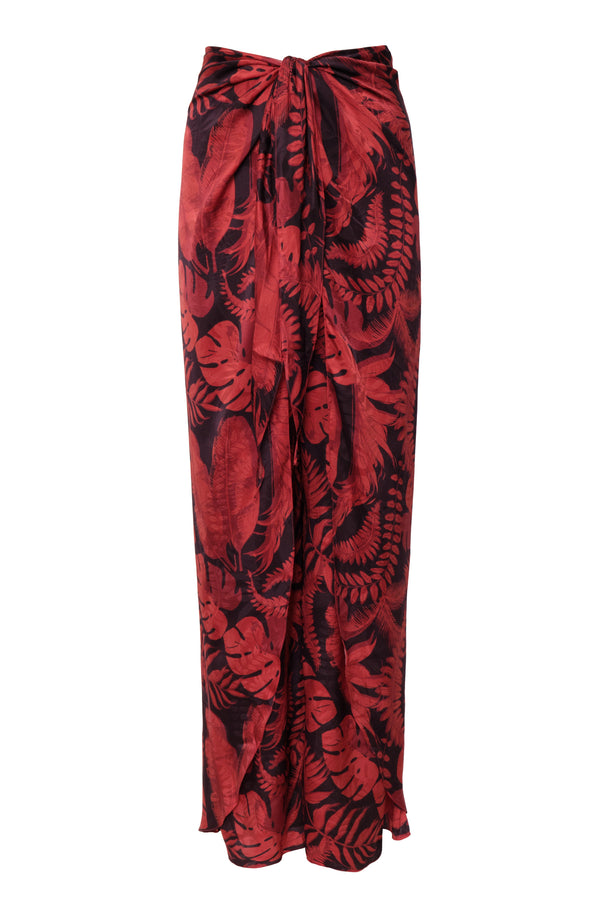 La Bamba silk jacquard pants in cherry rainforest print with a draped, skirt-like silhouette.