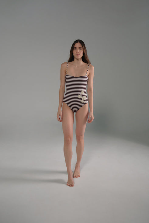 Las Balsas Embroidered One Piece / Black & White Stripes