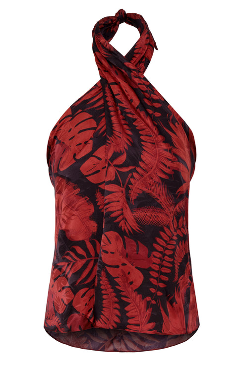Juan de Dios Cayetana silk halter blouse in cherry rainforest jacquard with a draped front.