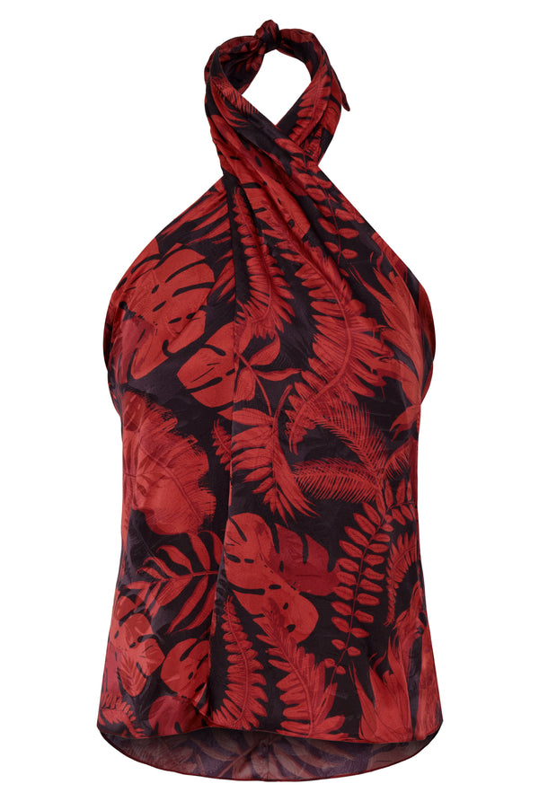 Juan de Dios Cayetana silk halter blouse in cherry rainforest jacquard with a draped front.