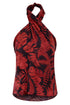 Juan de Dios Cayetana silk halter blouse in cherry rainforest jacquard with a draped front.