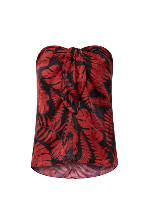Strapless silk blouse in a cherry red and black rainforest jacquard print with a front knot detail.