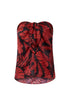 Strapless silk blouse in a cherry red and black rainforest jacquard print with a front knot detail.