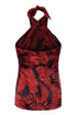 Back view of a cherry red and black rainforest jacquard silk halter blouse with a tie neck.