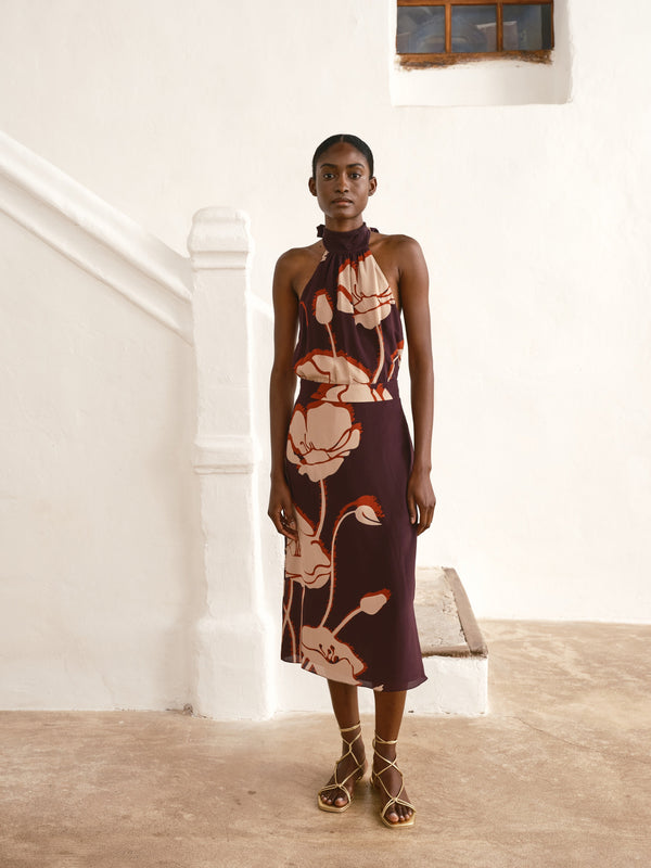 El Carmen Crepe Chine Midi Skirt / Purple Gladiolos