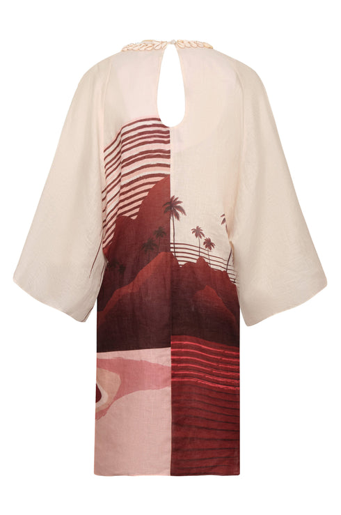 Andina Hand Embroidered Linen Mini Tunic / Red Tropical Landscape