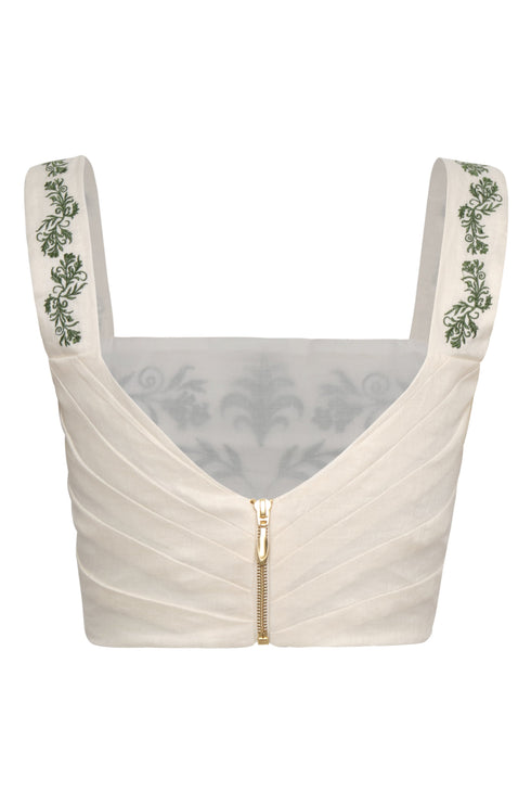 Marimba Embroidered Linen Top / Ivory Green Buganvilias