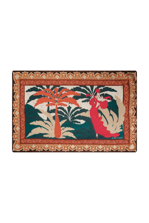 Rectangular cotton silk sarong featuring a tropical dancer print and ornate orange borders.