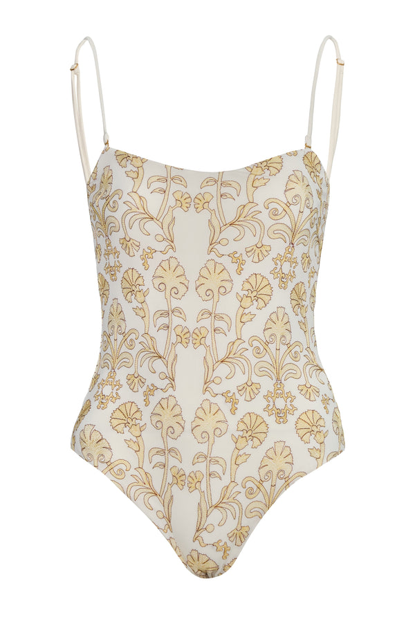 Esteros Embroidered One Piece / Yellow Flowers -Ivory