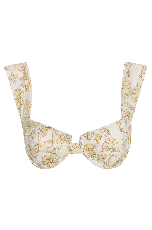 Ivory underwire bikini top with yellow floral embroidery and thick shoulder straps.