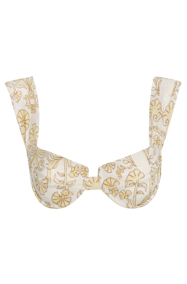 Ivory underwire bikini top with yellow floral embroidery and thick shoulder straps.