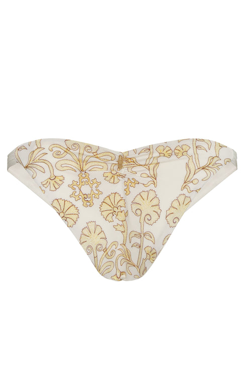 Low-rise ivory bikini bottom with hand-embroidered yellow floral patterns and side pleats.