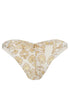 Low-rise ivory bikini bottom with hand-embroidered yellow floral patterns and side pleats.