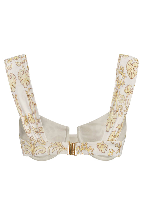 Back of Ivory underwire bikini top with yellow floral embroidery and thick shoulder straps.