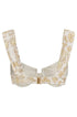 Back of Ivory underwire bikini top with yellow floral embroidery and thick shoulder straps.