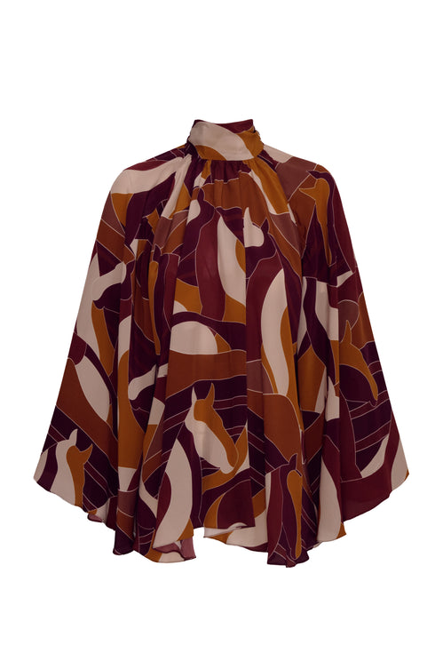 Boho Crepe Chine Blouse / Purple Horses