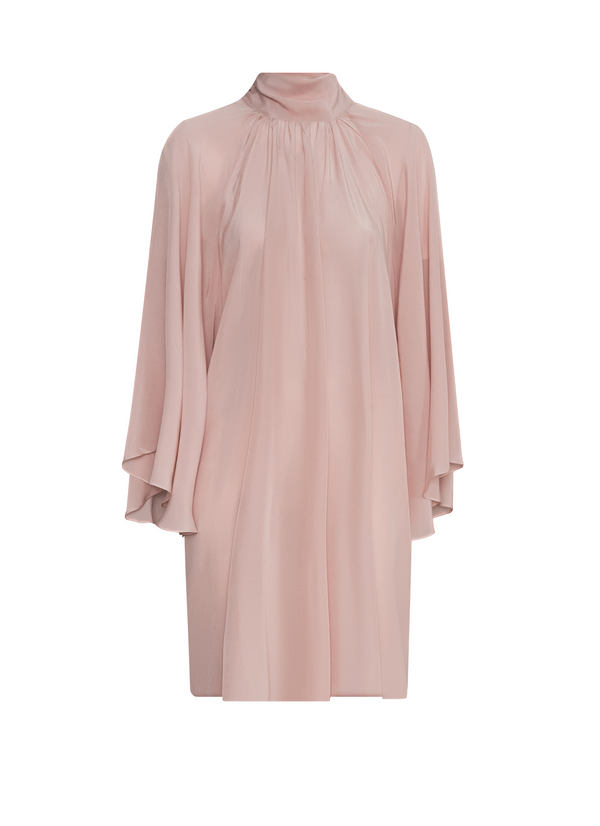 A dust pink boho mini dress in crepe de chine with a high gathered neckline and voluminous sleeves.