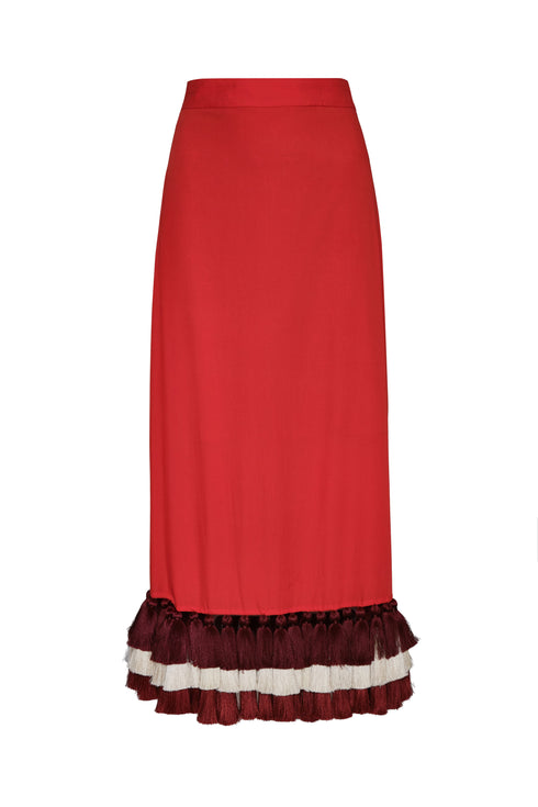 Rocio Cotton Midi Skirt / Red & Handmade Wine Tassels