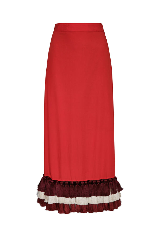 Rocio Cotton Midi Skirt / Red & Handmade Wine Tassels
