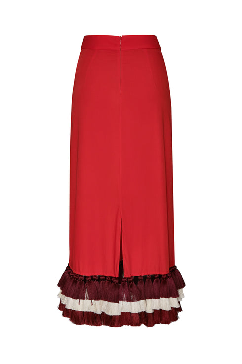 Rocio Cotton Midi Skirt / Red & Handmade Wine Tassels