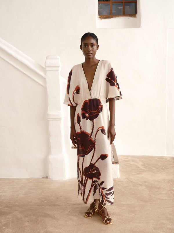 Topacio Linen Tunic Dress / Ecru - Purple Gladiolos