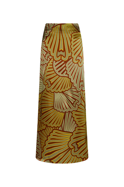 Carlota Satin Silk Maxi Skirt / Yellow Intricate Shells