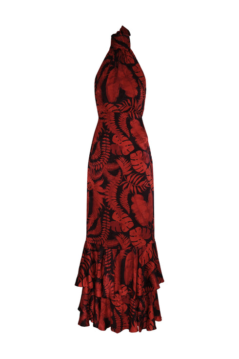 El Rocio Jacquard Maxi Dress in Cherry Rainforest with a high neck and ruffled hem.