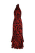El Rocio Jacquard Maxi Dress in Cherry Rainforest with a high neck and ruffled hem.
