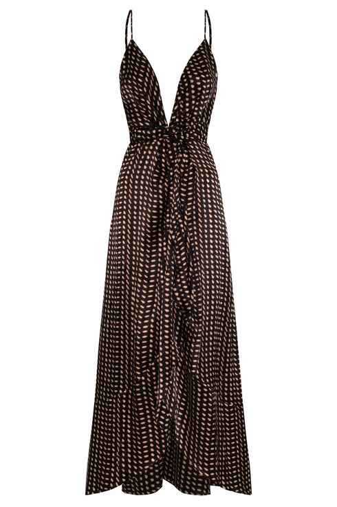 Sabina Satin Silk Midi Dress / Black & Ivory Seeds