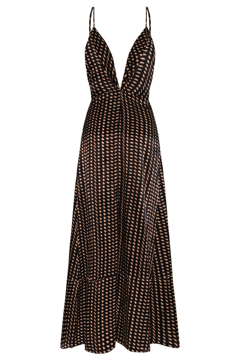 Sabina Satin Silk Midi Dress / Black & Ivory Seeds