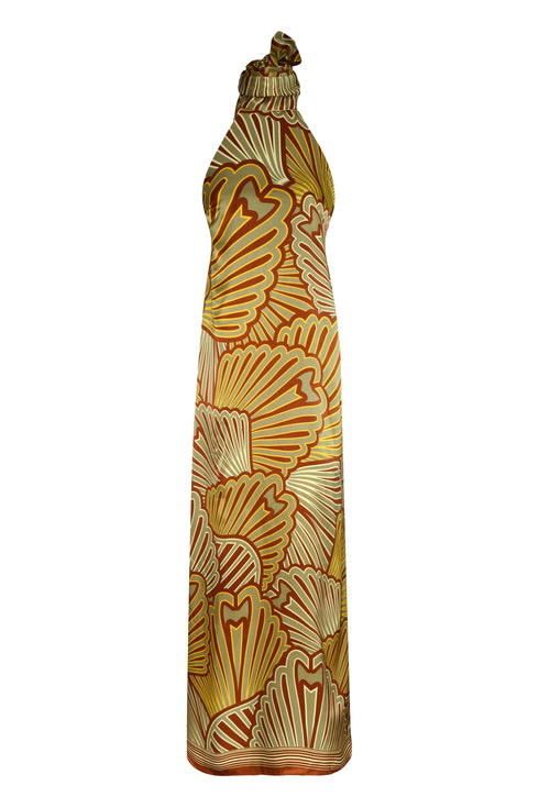 Costa Pacifica Satin Silk Midi Dress / Yellow Intricate Shells