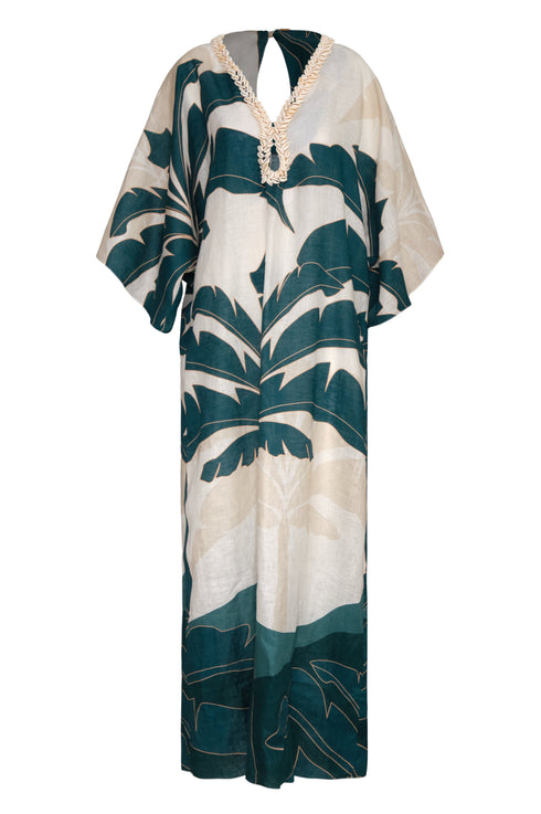 Aquamarine palm print linen tunic with hand-embroidered shell neckline and wide sleeves.
