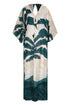Aquamarine palm print linen tunic with hand-embroidered shell neckline and wide sleeves.