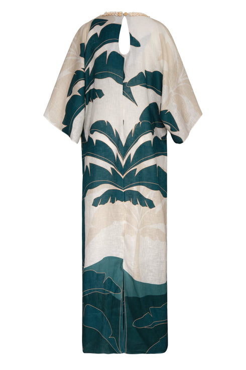 Andina hand-embroidered linen tunic in aquamarine palms with a shell-adorned neckline.