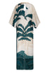 Andina hand-embroidered linen tunic in aquamarine palms with a shell-adorned neckline.