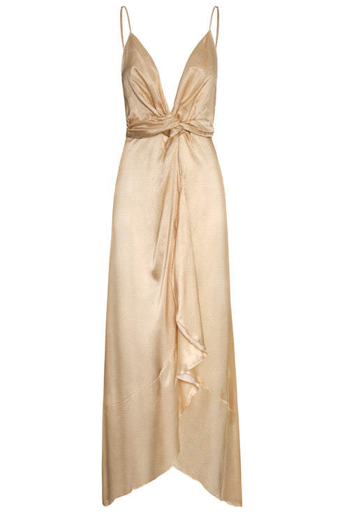 Sabina satin silk midi dress in butter reptile print with a deep V-neckline and gathered waist.