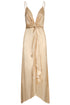 Sabina satin silk midi dress in butter reptile print with a deep V-neckline and gathered waist.