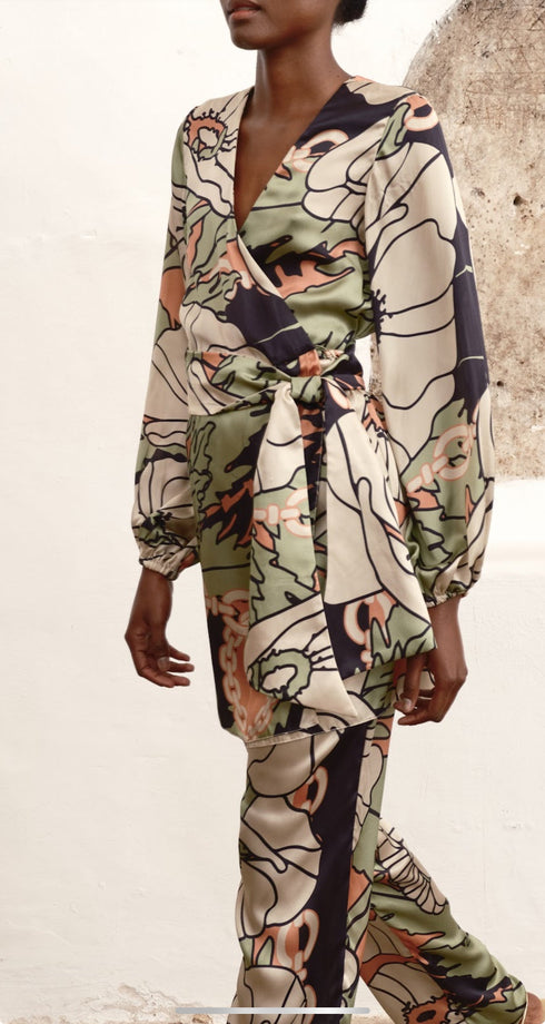 Santo Tomas Satin Silk Pants / Sage Gladiolos Garden