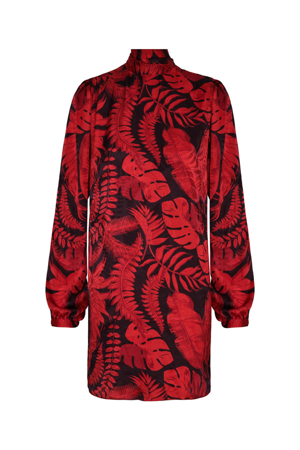 El Real Jacquard Mini Dress in Cherry Rainforest print with high neck and long cuffed sleeves.