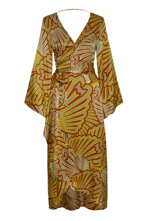 Pacífico Satin Silk Midi Dress / Yellow Intricate Shells