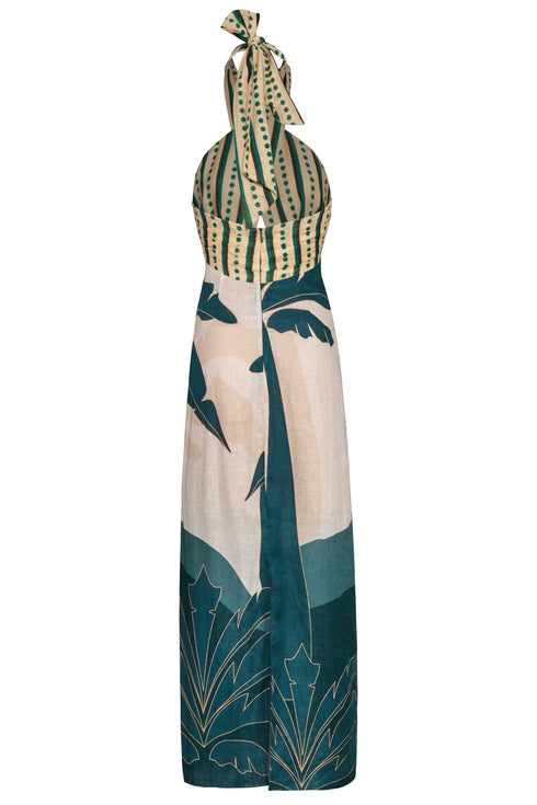 Costa del Sol Linen Midi Dress / Aquamarine Palms - Green Stripes
