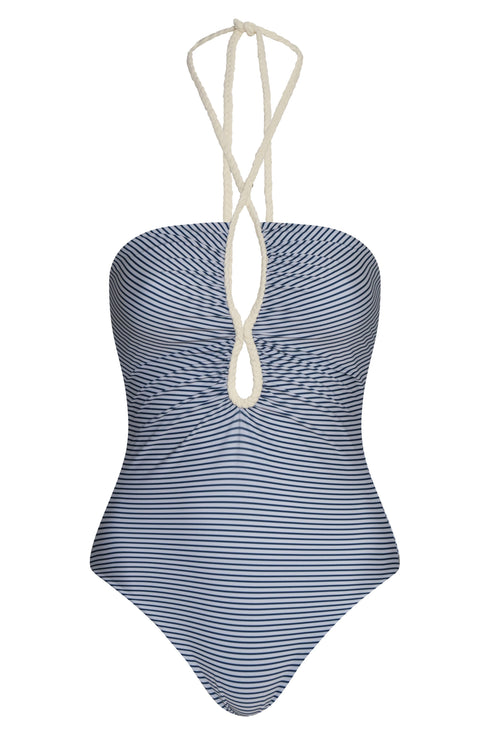 A navy and ivory striped one-piece swimsuit with a braided halter neck and front teardrop cutout.