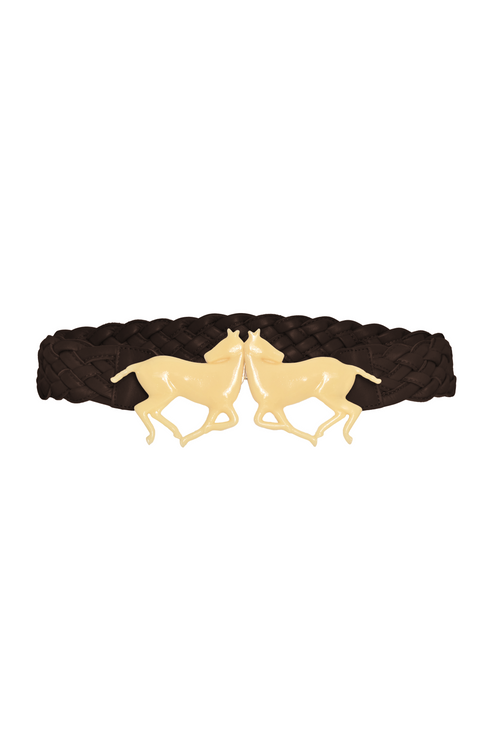 Polo braided chocolate leather belt featuring a cream-colored resin double horse buckle.
